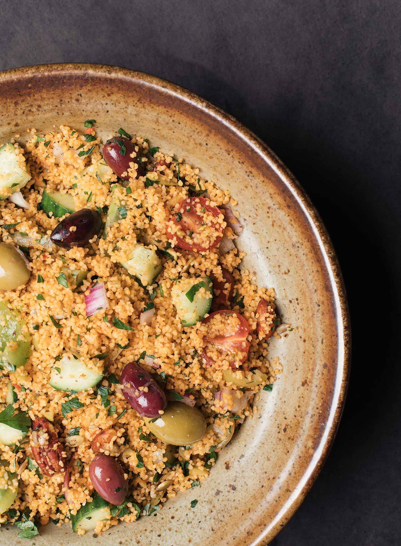HARISSA COUSCOUS W/ SPICED NUTS & MARINATED OLIVES