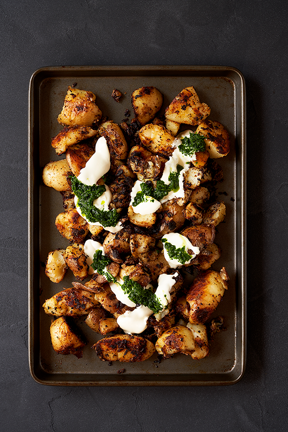 TOASTED HARISSA SMASHED POTATOES
